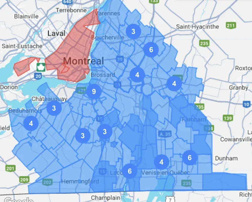 Carte des secteurs desservis par Béton Pro-Expert autour de Montréal